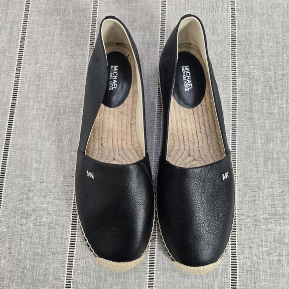 New Michael Kors Kendrick Slip On Espadrille Flats MK Logo Leather Black Sz 11M - Picture 1 of 11